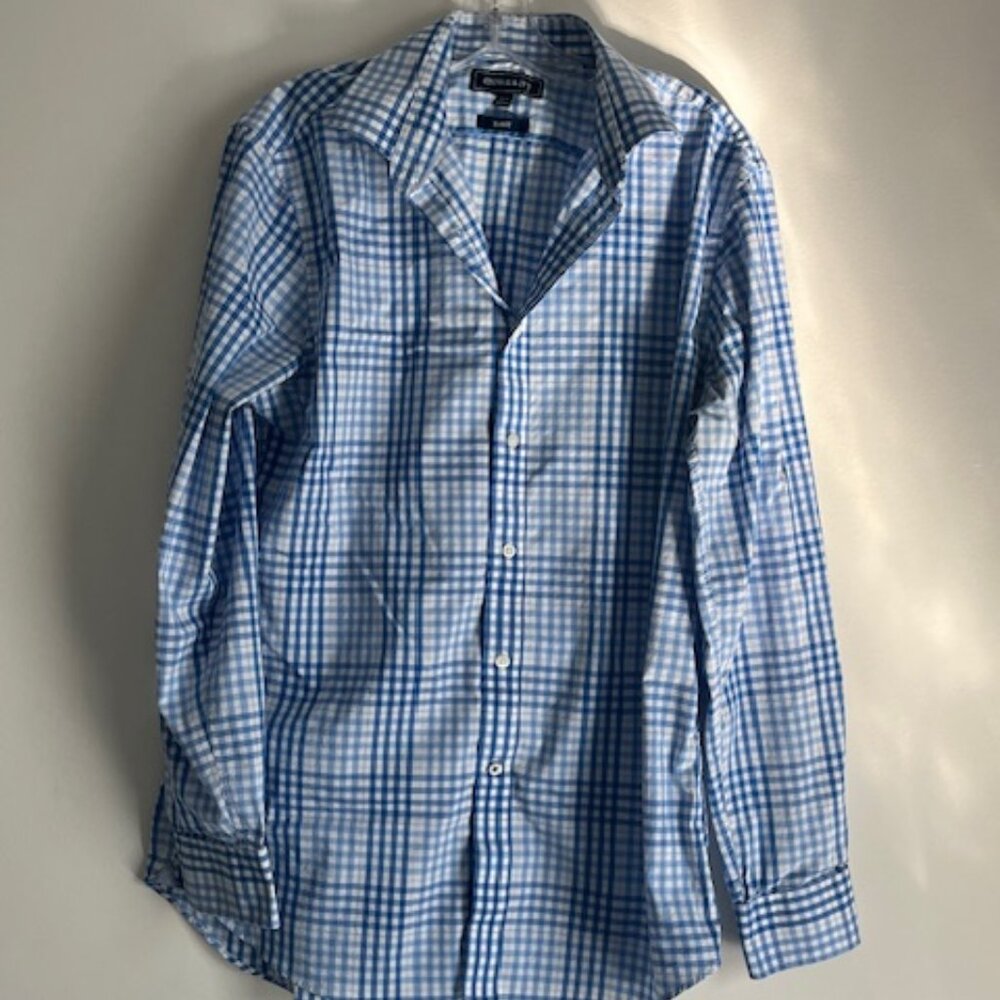 Crown & Ivy Blue and White Checkered Long Sleeve Button Up Size Large Slim Fit